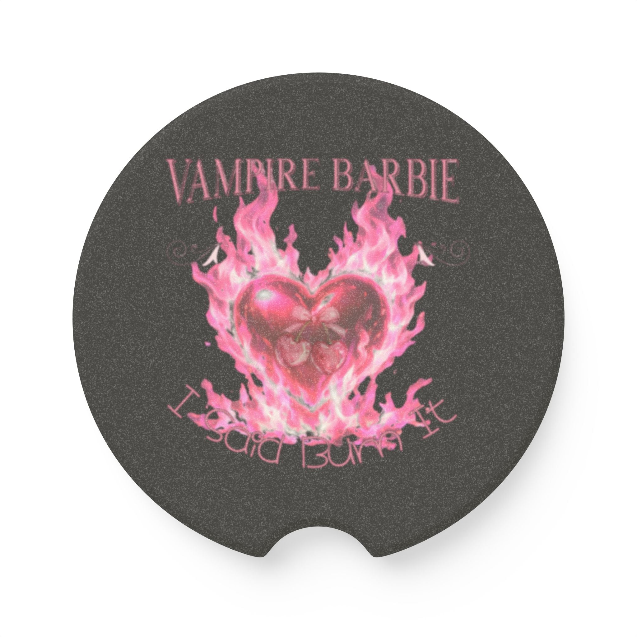 Soapstone Car Coaster - 'Vampire Barbie' Pink Flaming Heart Design