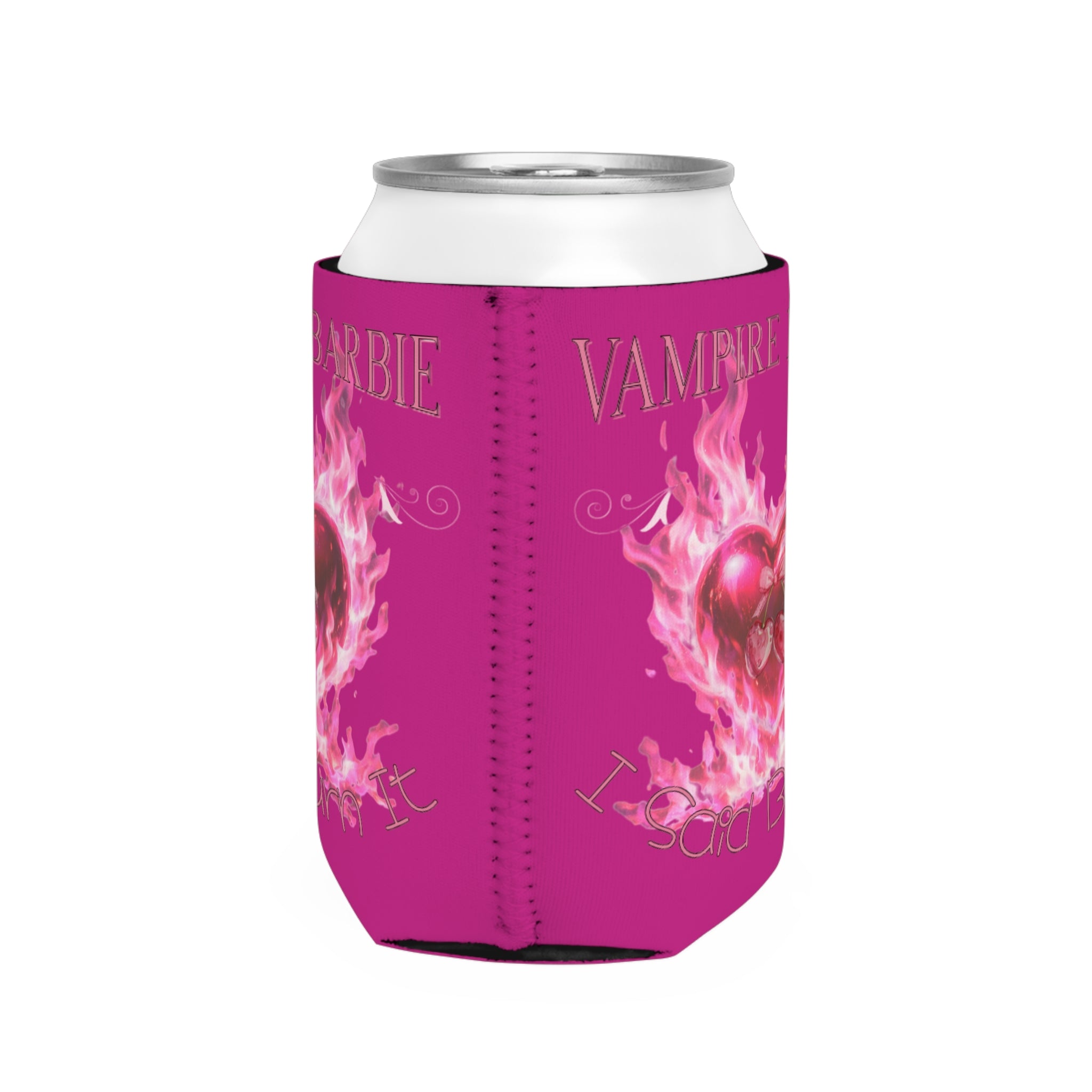 Caroline Forbes — Vampire Barbie Can Cooler Sleeve – Pink Flaming Heart Beverage Insulator