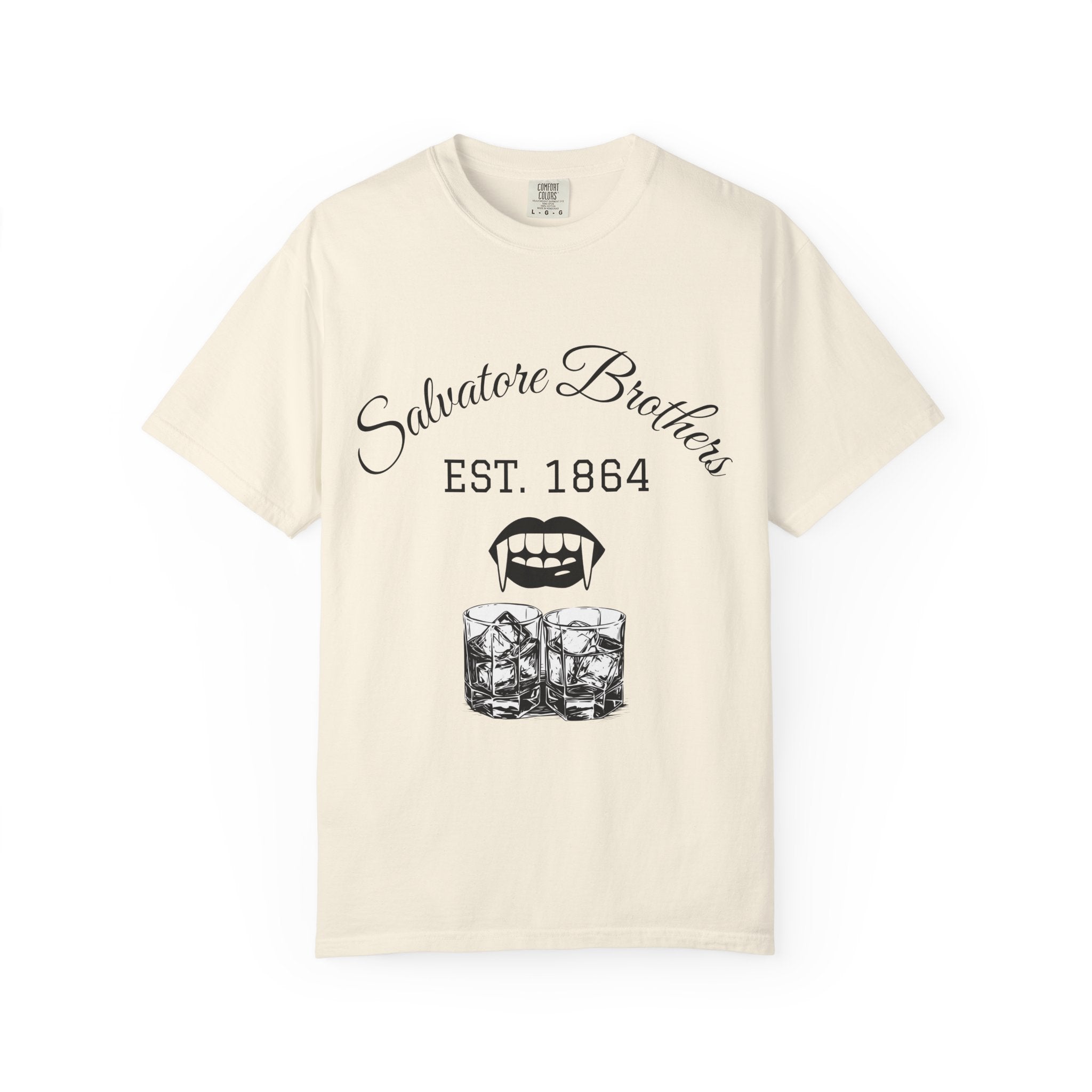 T-Shirt — "Salvatore Brothers EST. 1864" Vampire Fangs & Whiskey Graphic