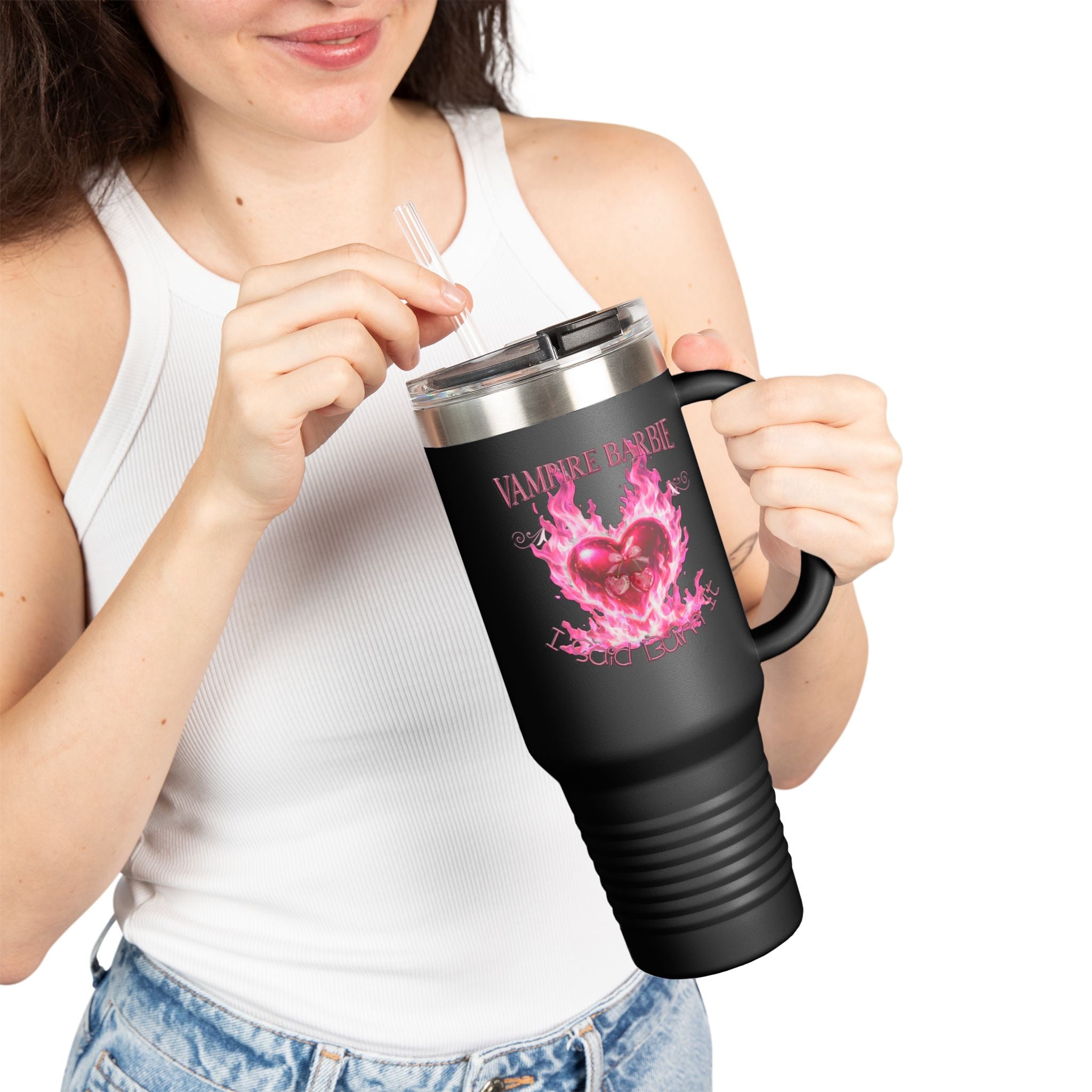 Vampire Barbie 40oz Insulated Travel Mug - Pink Flaming Heart Thermal Tumbler