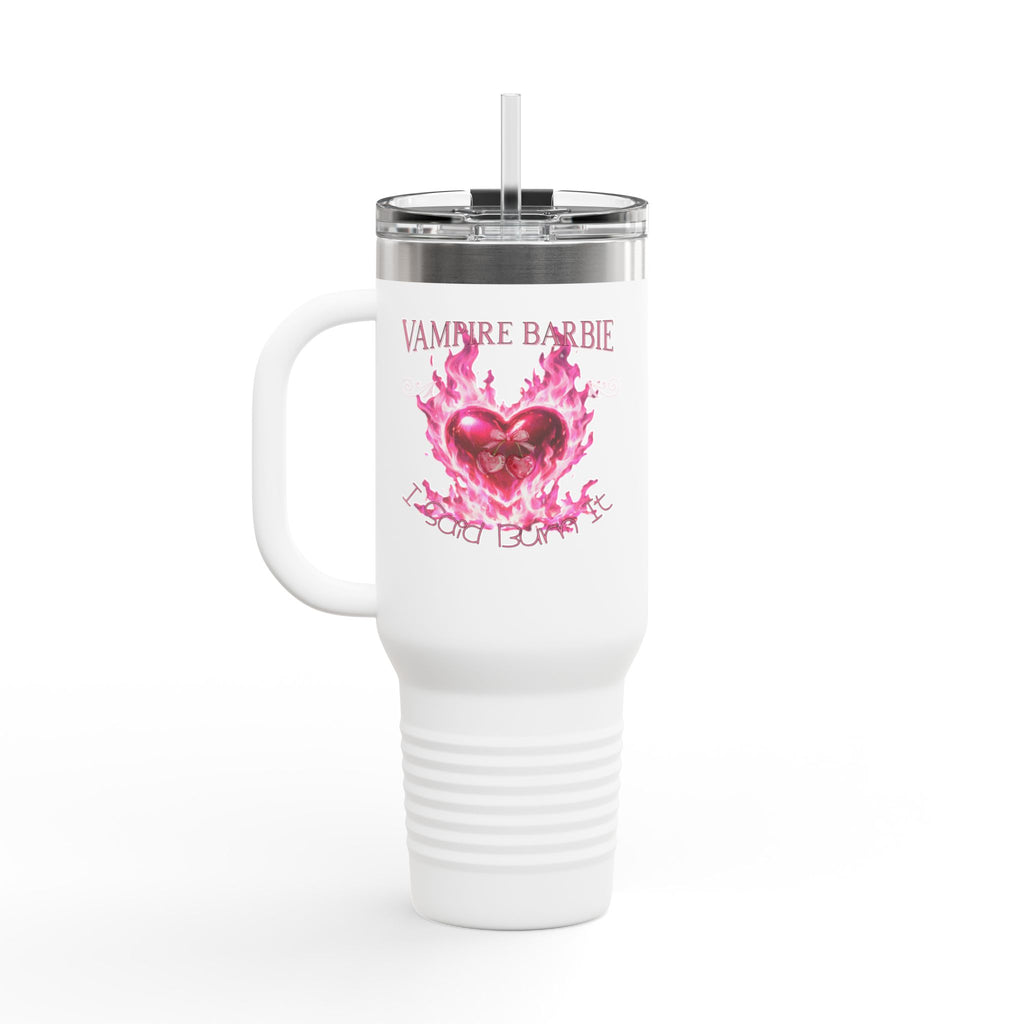 Vampire Barbie 40oz Insulated Travel Mug - Pink Flaming Heart Thermal Tumbler