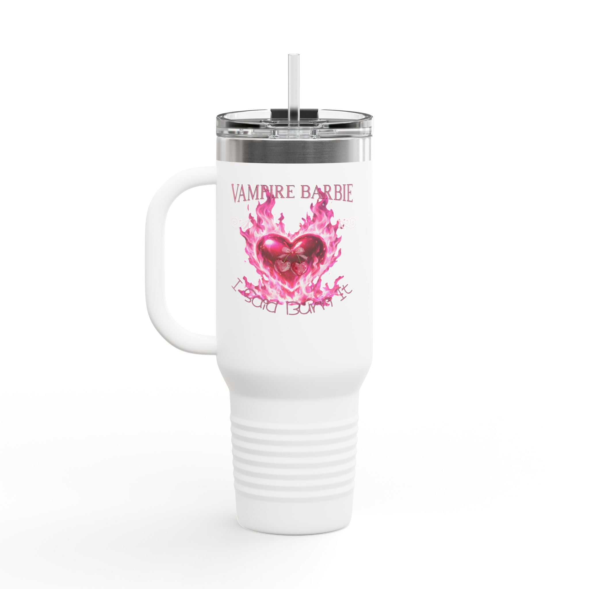 Vampire Barbie 40oz Insulated Travel Mug - Pink Flaming Heart Thermal Tumbler