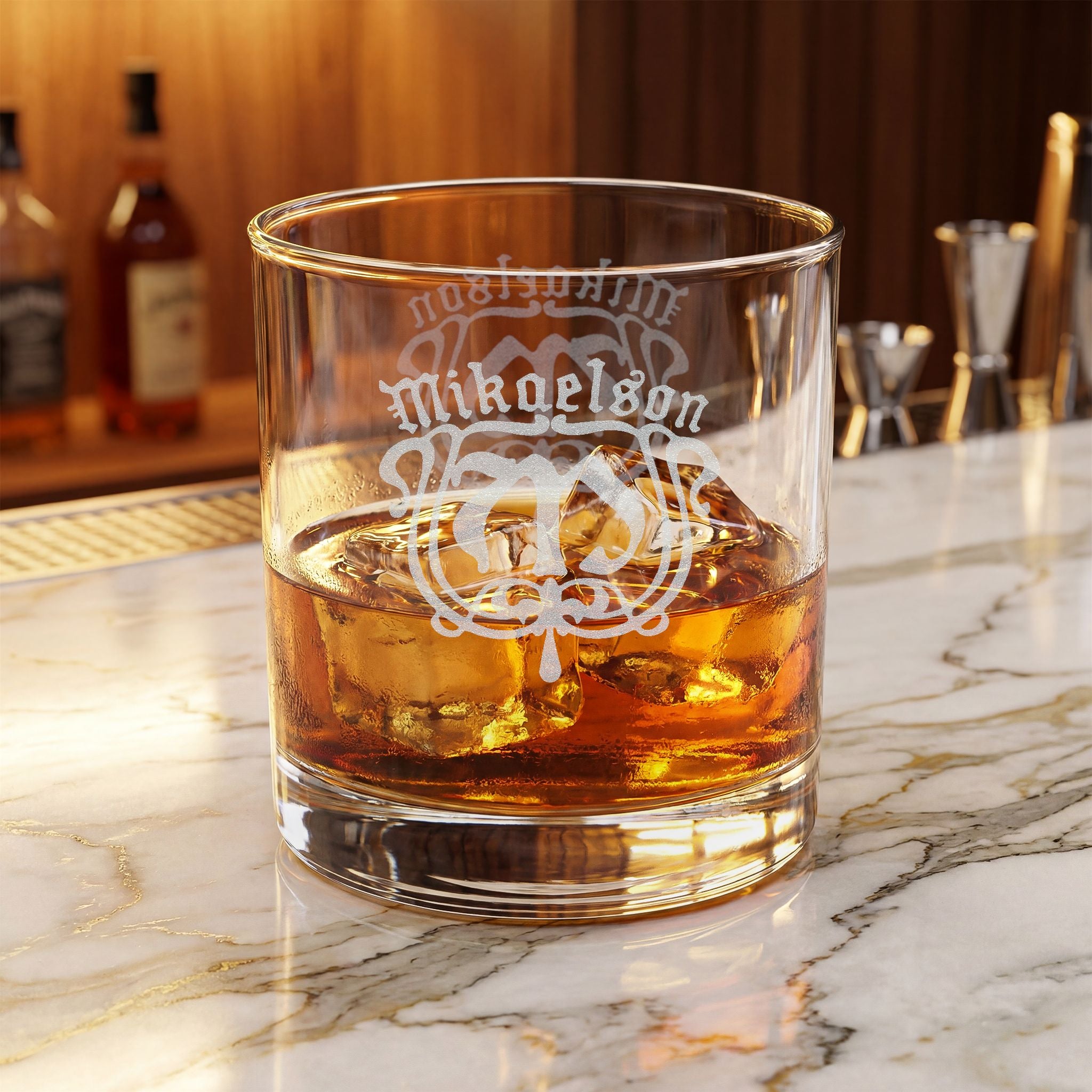 Engraved Mikaelson Whiskey Glass 10.5oz - Personalized Crest Nautical Design