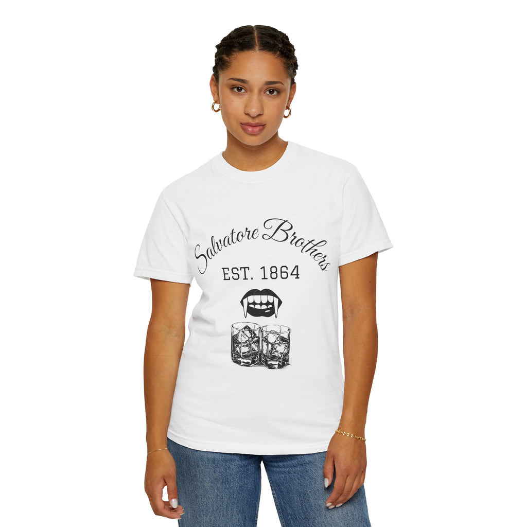 T-Shirt — "Salvatore Brothers EST. 1864" Vampire Fangs & Whiskey Graphic