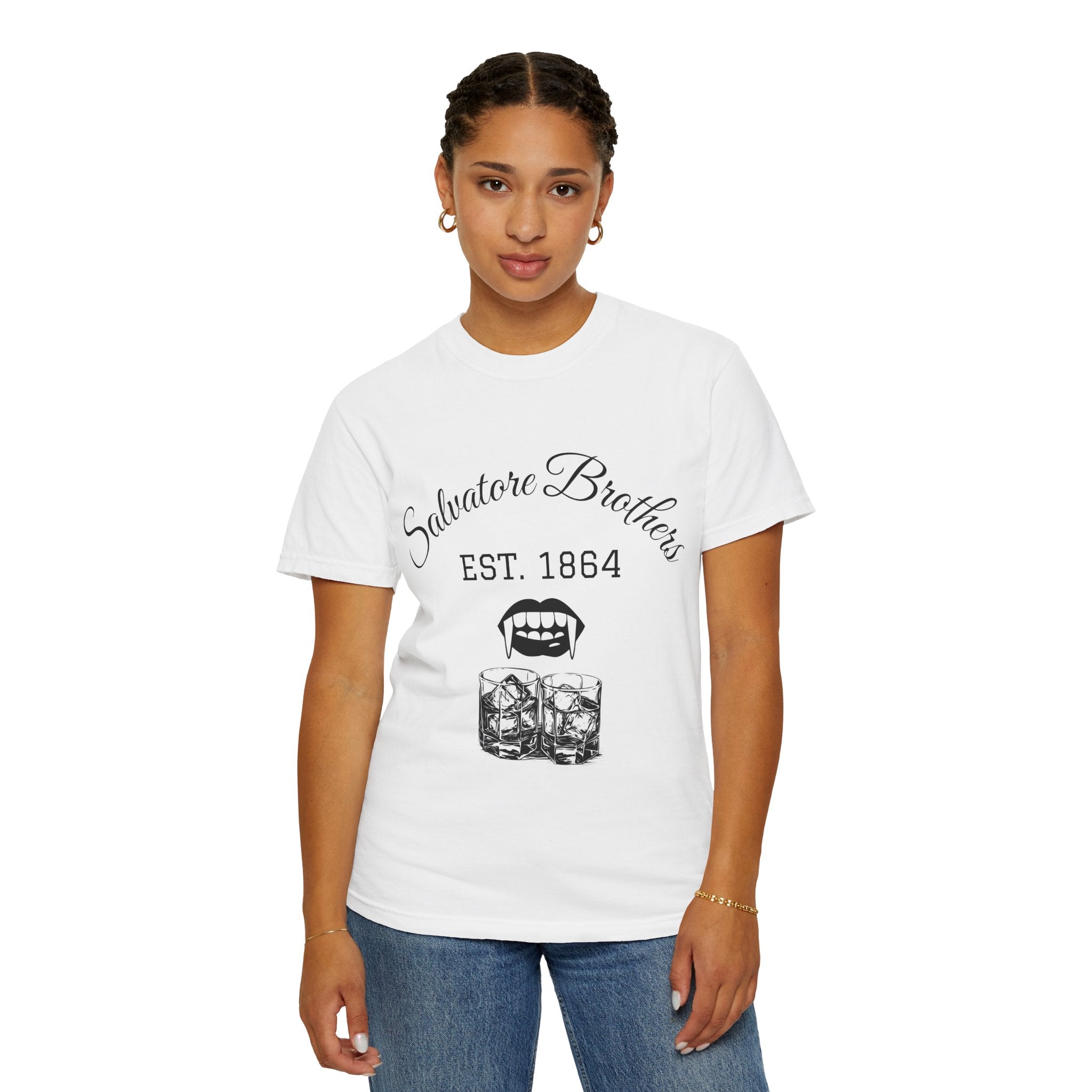 T-Shirt — "Salvatore Brothers EST. 1864" Vampire Fangs & Whiskey Graphic