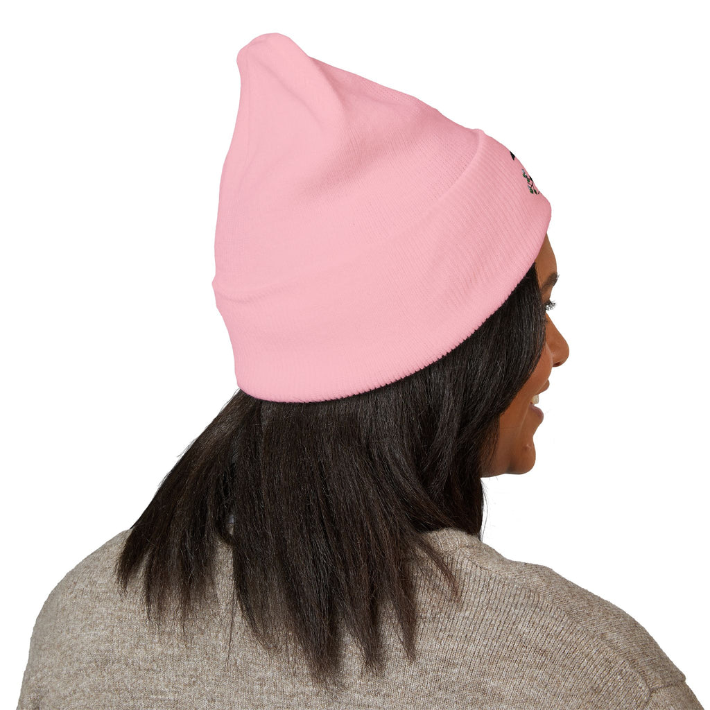 Embroidered Crow & Wildflower Beanie — Classic Cuffed Knit Hat